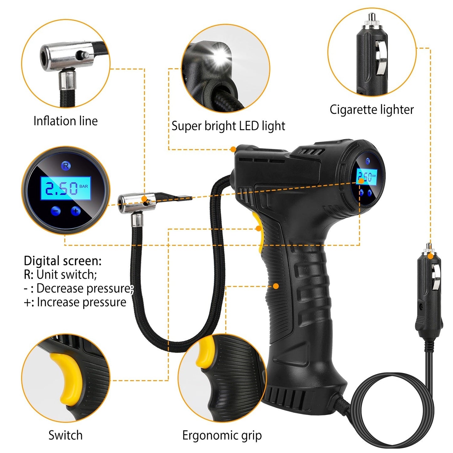 Digitaler 12V Reifenkompressor mit LED-Beleuchtung