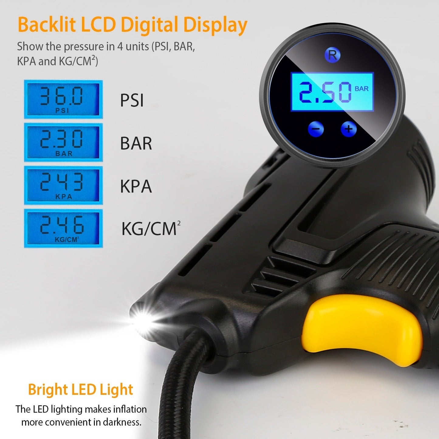 Digitaler 12V Reifenkompressor mit LED-Beleuchtung
