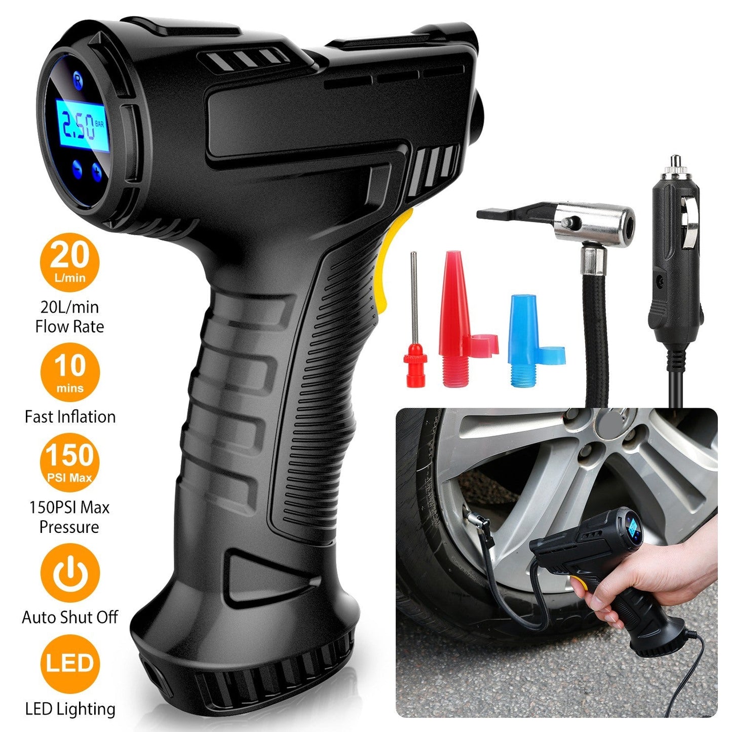 Digitaler 12V Reifenkompressor mit LED-Beleuchtung